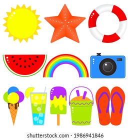 Colorful cute summer set of 11 icons. Vector illustration in flat style. Sun, rainbow, ice cream, flip flops, phono camera, lifebuoy, watermelon, starfish, cocktail, sand bucket.