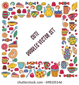 Colorful cute tea coffee sweets desert doodle icons collection square decorative frame for text