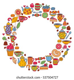 Colorful cute tea sweets bakery candy doodles round border frame