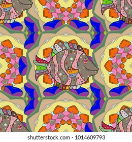 Colorful cute texture fish pattern. Fishe on beige, yellow and green colord. Seamless colorful background. Vector illustration.