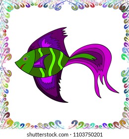 Colorful cute texture fish pattern. Seamless colorful background. Vector illustration. Fishe on white, green and purple colord.