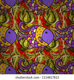 Colorful cute texture fish pattern. Vector illustration. Fishe on gray, violet and yellow colord. Seamless colorful background.