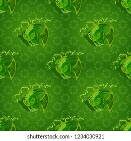 Colorful cute texture fish pattern. Seamless colorful background. Fishes in green, gray and black colors. Vector illustration.