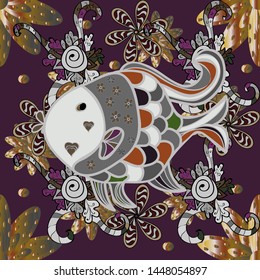 Colorful cute texture fish pattern. Seamless colorful background. Fishe on gray, brown and purple colord. Vector illustration.