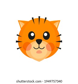 Colorful cute tiger face, icon isolated on white background. Сharacter symbol 2022. Cartoon flat design. Vector illustration.