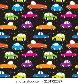 Colorful cute toy cars seamless pattern. Wallpaper for boys room, kids clothes, textile, fabric, print, paper, cover design vector illustration.