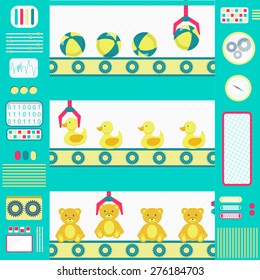 Colorful and cute toy factory with machines, conveyor and gripper. Flat design.