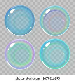 Colorful and cute transparent soap bubbles, vector illustration. Realistic soap bubbles.