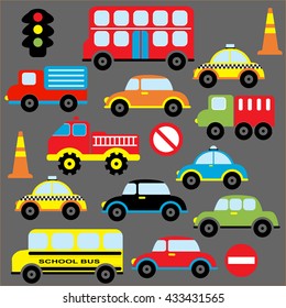 Colorful and cute transportation theme with car, vehicle, truck, taxi and bus
