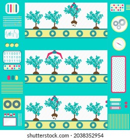 Colorful and cute trees factory with machines, conveyor and gripper. Flat design.