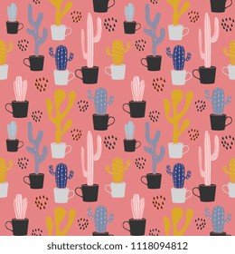 Colorful cute trendy summer cactus pattern background.