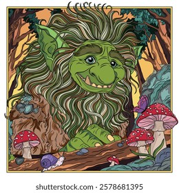 Colorful Cute Troll in the forest..Coloring book antistress for children and adults.Color version. Hand draw