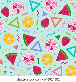Colorful cute tropical fruit and geometric seamless pattern background