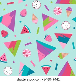 Colorful cute tropical fruit, ice cream and geometric  seamless pattern background