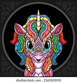 Colorful cute unicorn head cartoon zentangle arts. isolated on black background.