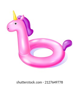 Colorful cute unicorn inflatable swimming ring isolated on white  background. Rubber buoy for summer vacation, kid party, sea beach. Design for poster, banner, print