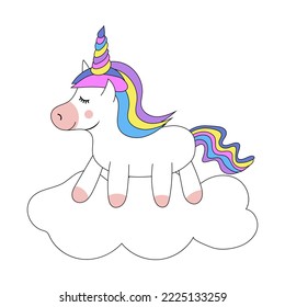 Colorful cute unicorn on a cloud with black outline. Design for stickers, cards, posters, t-shirts, invitations, baby shower, birthday, room decor.