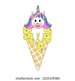 Colorful cute unicorn sitting in ice cream waffle cone with black outline. Design for stickers, cards, posters, t-shirts, invitations, baby shower, birthday, room decor.