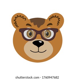 Colorful cute vector bear face in sunglasses. One object on a white background. Cartoon flat illustration. Emoji funny animal. Embarrassed smile emotion. Template icon. Logo, sticker.