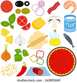 Colorful and Cute vector cartoon Icons collection, set of food ingredients in making Italian Pizza isolated on white, onion basil dough olive mozzarella cheese mushroom pepperoni salami sauce flour