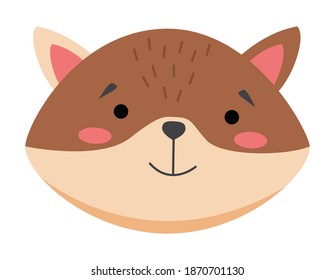 Colorful cute vector cat or hamster face. Wild forest animal head one object on a white background. Cartoon flat pet. Emoji funny animal. Embarrassed smile emotion. Template icon. Logo, sticker