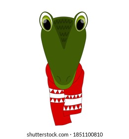 Colorful cute vector crocodile face in a winter scarf. One object on a white background. Cartoon flat illustration. Emoji funny animal. Embarrassed smile emotion. Template icon, sticker.