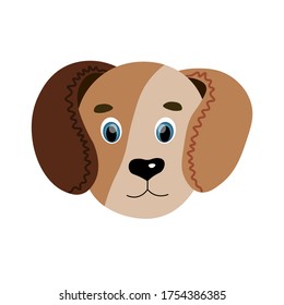 Colorful cute vector dog face. One object on a white background. Cartoon flat illustration. Emoji funny animal. Embarrassed smile emotion. Template icon. Logo, sticker.
