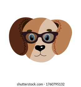 Colorful cute vector dog face in sunglasses. One object on a white background. Cartoon flat illustration. Emoji funny animal. Embarrassed smile emotion. Template icon. Logo, sticker.