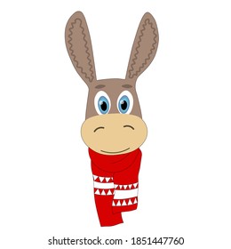 Colorful cute vector donkey face in a winter scarf. One object on a white background. Cartoon flat  illustration. Emoji funny pet animal. Embarrassed smile emotion. Template icon, sticker.