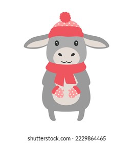bunter, süßer Vektordonkey im Winterschal, Hut und Fausthandzen einzeln auf weißem Hintergrund, Cartoon-Flachgrafik, lustiges Haustier