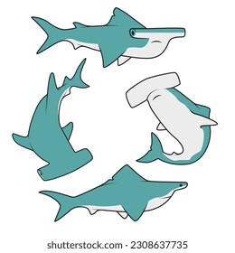 Colorful cute vector doodles of hammerhead sharks in various poses, Doodle vector of animals. Blue shark doodle vector.