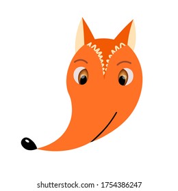 Colorful cute vector fox face. One object on a white background. Cartoon flat illustration. Emoji funny animal. Embarrassed smile emotion. Template icon. Logo, sticker.