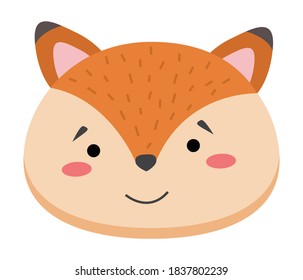 Colorful cute vector fox face. Wild forest animal head one object on a white background. Cartoon flat illustration. Emoji funny animal. Embarrassed smile emotion. Template icon. Logo, sticker.