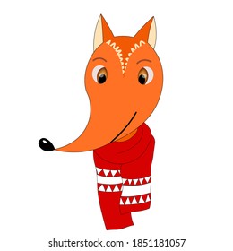 Colorful cute vector fox face in a winter scarf. One object on a white background. Cartoon flat illustration. Emoji funny animal. Embarrassed smile emotion. Template icon, sticker.