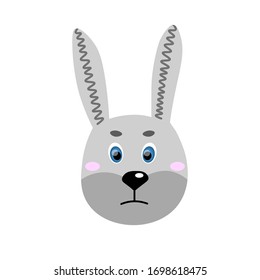 Colorful cute vector hare face. One object on a white background. Cartoon flat illustration. Emoji funny animal. Embarrassed smile emotion. Template icon. Logo, sticker rabbit.