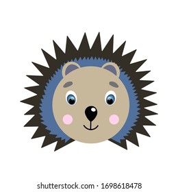Colorful cute vector hedgehog face. One object on a white background. Cartoon flat illustration. Emoji funny animal. Embarrassed smile emotion. Template icon. Logo, sticker.