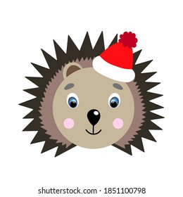 Colorful cute vector hedgehog face in a winter hat. One object on a white background. Cartoon flat illustration. Emoji funny animal. Embarrassed smile emotion. Template icon, sticker.