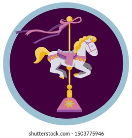 colorful cute vector illustration. Children's carousel horse with ribbons on golden bar. 