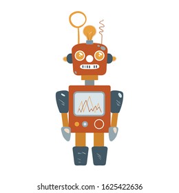 Colorful cute vector illustration isolated on white background. Cyborg futuristic design robotic vintage toy. Retro red robot has an antenna above the head