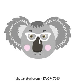 Colorful cute vector koala face in sunglasses. One object on a white background. Cartoon flat illustration. Emoji funny animal. Embarrassed smile emotion. Template icon. Logo, sticker.