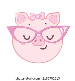 Colorful cute vector pig face in sunglasses. One object on a white background. Cartoon flat illustration. 