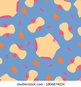 Colorful and cute vector seamless pattern with panties, reusable sanitary pads and menstrual cups on blue background