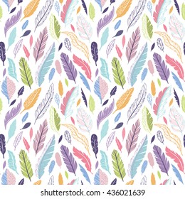 Colorful cute vector seamless pattern with variety of feathers