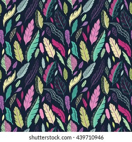 Colorful cute vector seamless pattern with variety of feathers