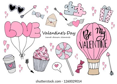 Colorful and cute vector set for Valentine's Day. A lot of cartoon elements for valentine day designs: letter, candy, cupcake, present box, hearts, balloons, lollipop and others. 