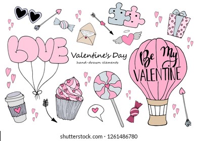 Colorful and cute vector set for Valentine's Day. A lot of cartoon elements for valentine day designs: letter, candy, cupcake, present box, hearts, balloons, lollipop and others. 