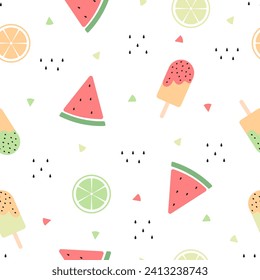 colorful cute watermelon, orange, ice cream on white background. Food seamless pattern for wrapping paper, textile, fabric, wallpaper, print and apparel. Vector seamless pattern