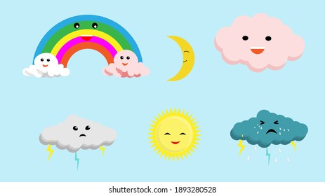 colorful Cute weather set icon, cute cloud, moon and sun cartoon set vector illustrations