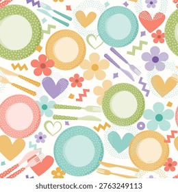 Colorful Cutlery and Plates seamless pattern with flower