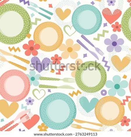 Colorful Cutlery and Plates seamless pattern with flower